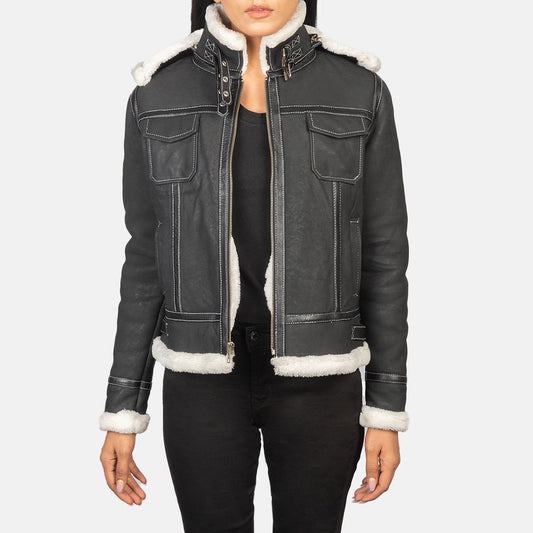 Front view of the Fiona Black hooded shearling leather jacket by Layzal Jackets.