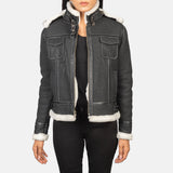 Front view of the Fiona Black hooded shearling leather jacket by Layzal Jackets.