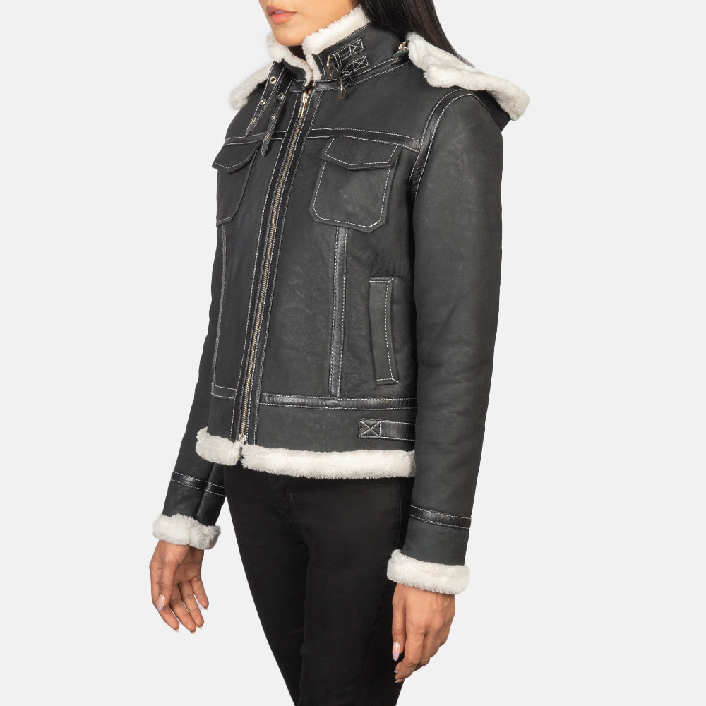 . Close up of the interior storage pockets inside the shearling leather jacket.