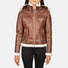 Lifestyle shot of the Fiona Brown hooded shearling leather jacket available at Layzal Jackets.