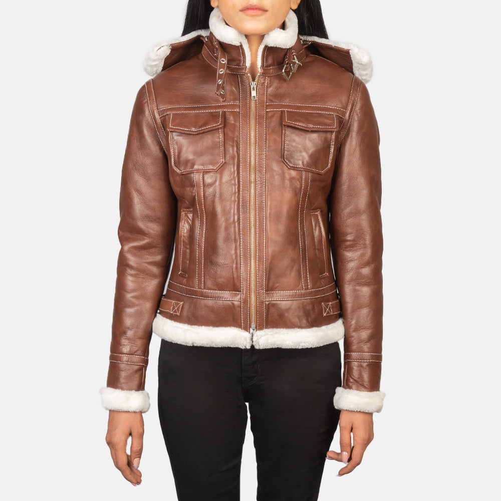 Lifestyle shot of the Fiona Brown hooded shearling leather jacket available at Layzal Jackets.