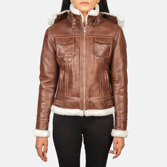 Lifestyle shot of the Fiona Brown hooded shearling leather jacket available at Layzal Jackets.