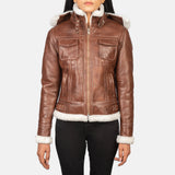 Lifestyle shot of the Fiona Brown hooded shearling leather jacket available at Layzal Jackets.