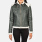 Front view of the Fiona green hooded shearling leather jacket with zipper closure and high neck belt detail.