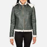Front view of the Fiona green hooded shearling leather jacket with zipper closure and high neck belt detail.
