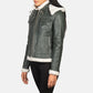 Three-quarter view of the green hooded shearling jacket, highlighting the open hem cuffs and premium semi-aniline finish.