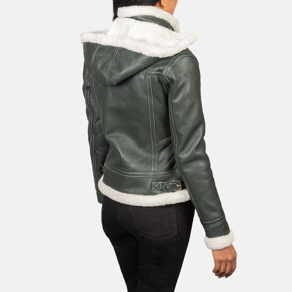 Close-up of the high neck collar featuring the adjustable leather belt strap and heavy-duty front zipper.