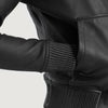 Close up of the attached leather hood and high quality front zipper closure on the black sheepskin jacket.