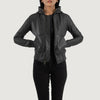 Front view of the Luna black hooded leather bomber jacket featuring a central front zipper closure and matching black ribbed hem.