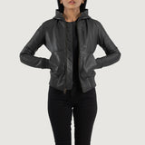 Front view of the Luna black hooded leather bomber jacket featuring a central front zipper closure and matching black ribbed hem.