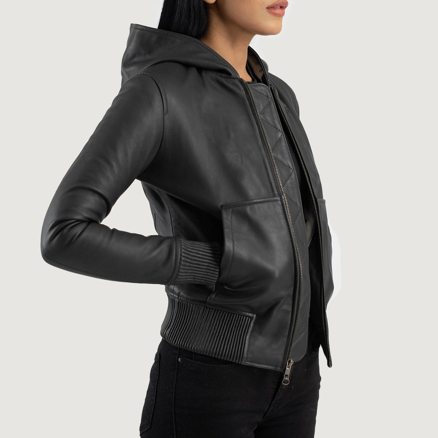 Full back view of the black sheepskin leather bomber jacket, showcasing the clean panel stitching and premium semi-aniline finish.