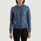  Close up of premium blue semi aniline sheepskin leather texture on a bomber jacket.