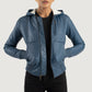 Front view of the Luna Blue hooded leather bomber jacket by Layzal Jackets.
