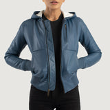 Front view of the Luna Blue hooded leather bomber jacket by Layzal Jackets.