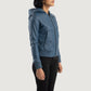Back view of the Luna Blue hooded leather bomber jacket from Layzal Jackets.