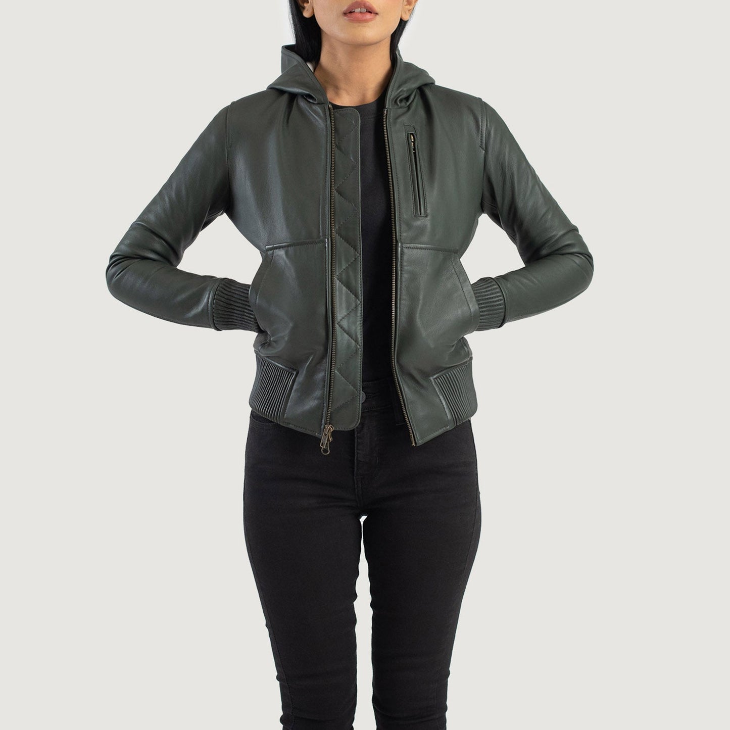 Front view of the Luna green hooded leather bomber jacket featuring a central front zipper closure and matching green ribbed hem.