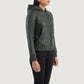 Full back view of the women's green sheepskin leather bomber jacket, showcasing the clean panels and semi-aniline finish.