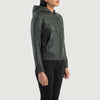 Full back view of the women's green sheepskin leather bomber jacket, showcasing the clean panels and semi-aniline finish.