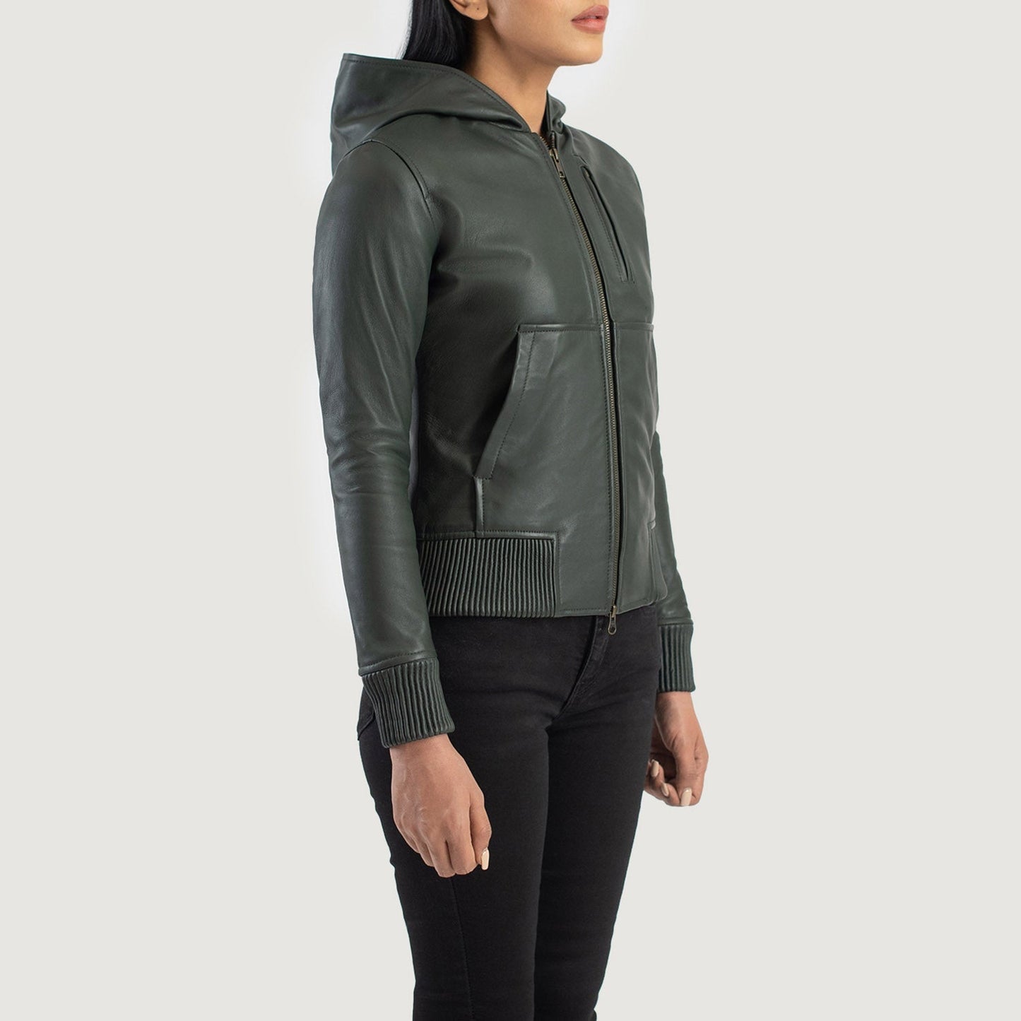 Full back view of the women's green sheepskin leather bomber jacket, showcasing the clean panels and semi-aniline finish.