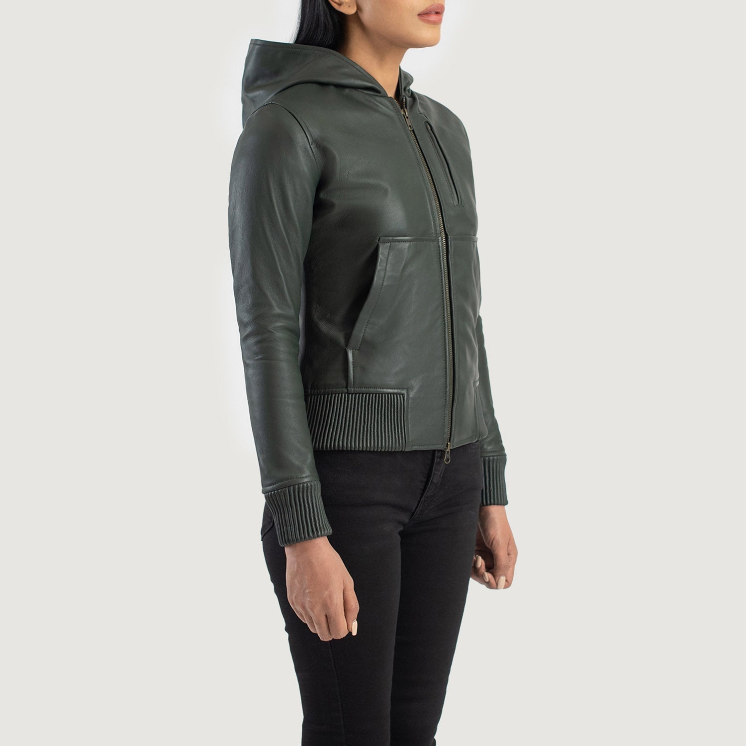 Full back view of the women's green sheepskin leather bomber jacket, showcasing the clean panels and semi-aniline finish.