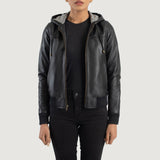 Front view of the Rebella black hooded leather bomber jacket featuring a central front zipper closure and matching black rib knit cuffs and hem.