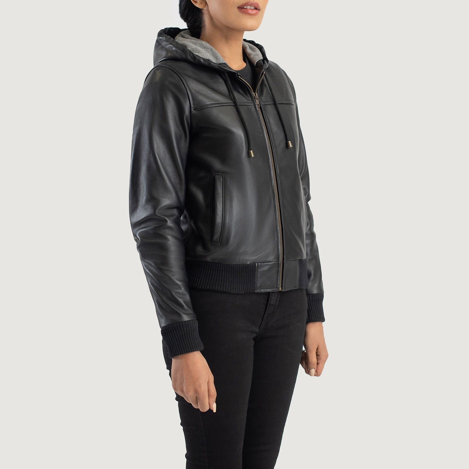 Full back view of the black sheepskin leather bomber jacket, showcasing the clean panel stitching and premium semi aniline finish.