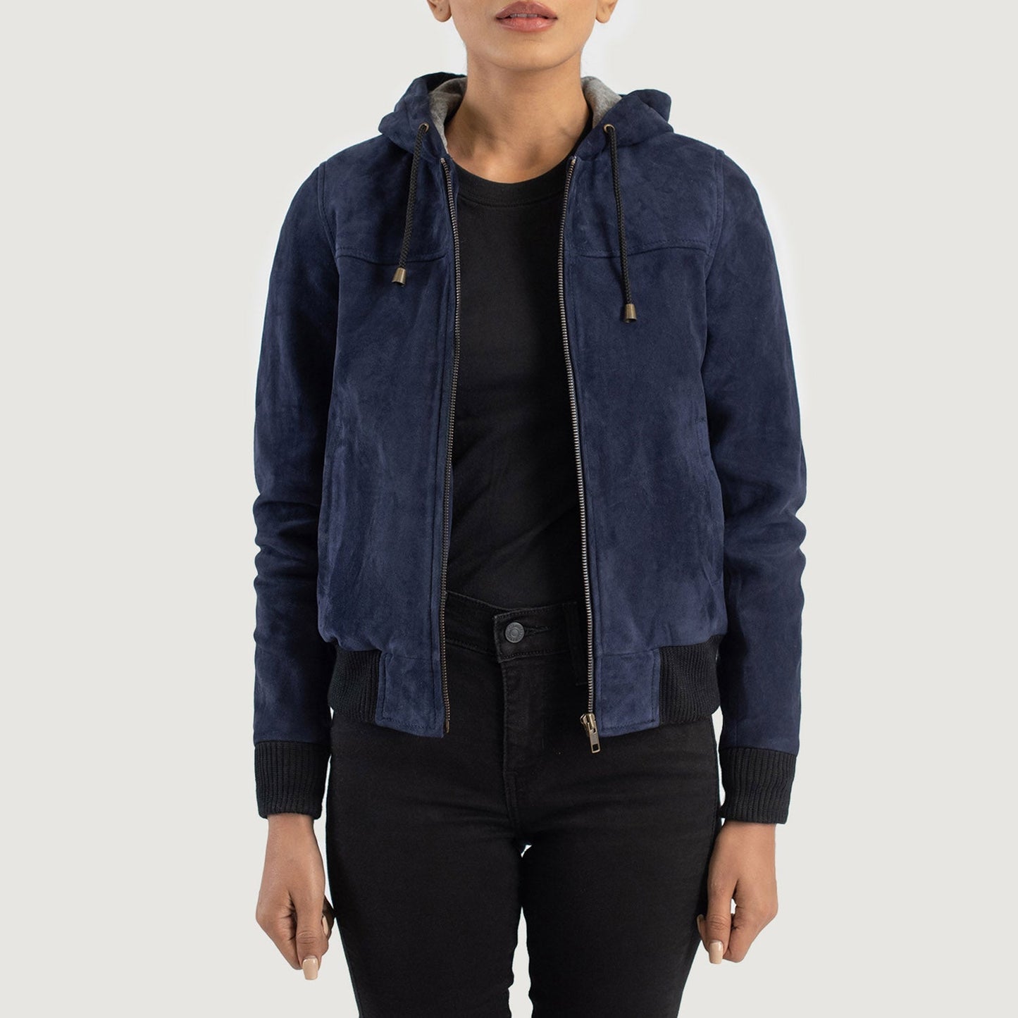 Front view of the Rebella blue hooded suede bomber jacket featuring a front zipper closure and matching blue rib-knit cuffs and hem.