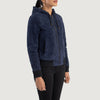 Full back view of the blue sheepskin suede bomber jacket, showcasing the smooth, premium drape of the suede leather.