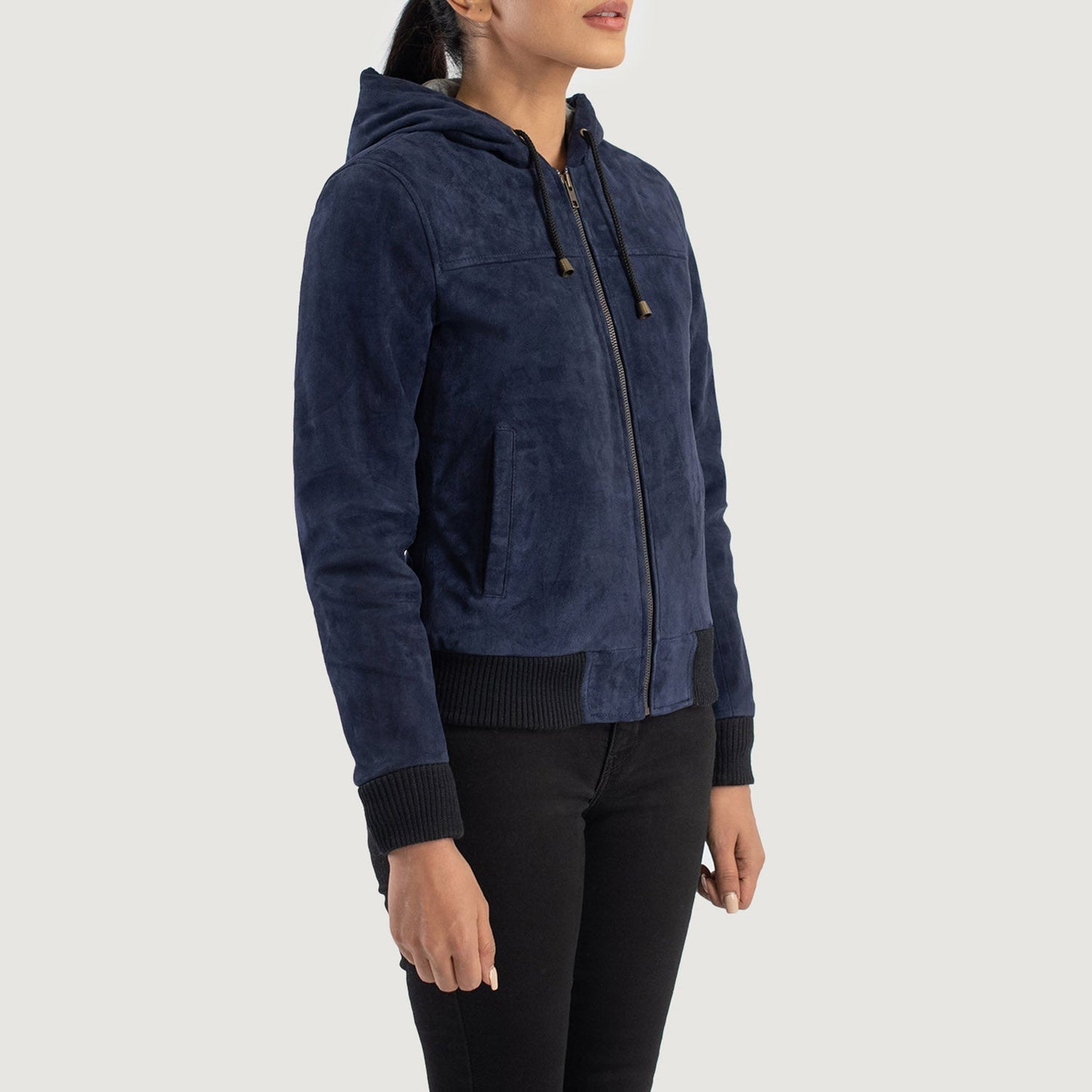 Full back view of the blue sheepskin suede bomber jacket, showcasing the smooth, premium drape of the suede leather.