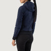 Close-up of the attached suede hood and neckline, showing the neat stitching and front zipper hardware.