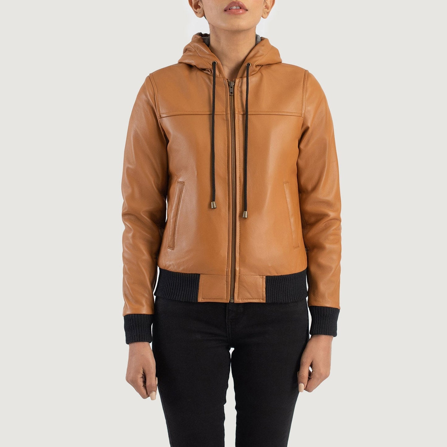  Close up of premium brown semi aniline sheepskin leather texture on a bomber jacket.
