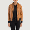 Front view of the Rebella Brown hooded leather bomber jacket by Layzal Jackets.