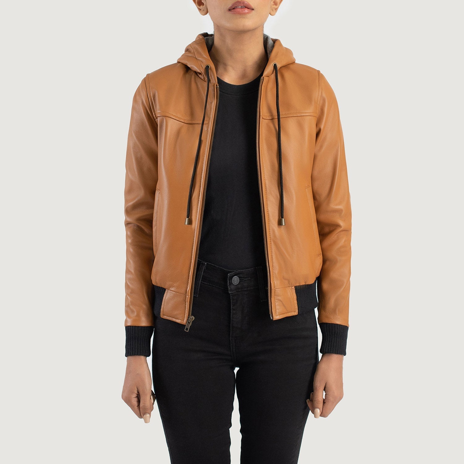 Front view of the Rebella Brown hooded leather bomber jacket by Layzal Jackets.