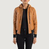 Front view of the Rebella Brown hooded leather bomber jacket by Layzal Jackets.