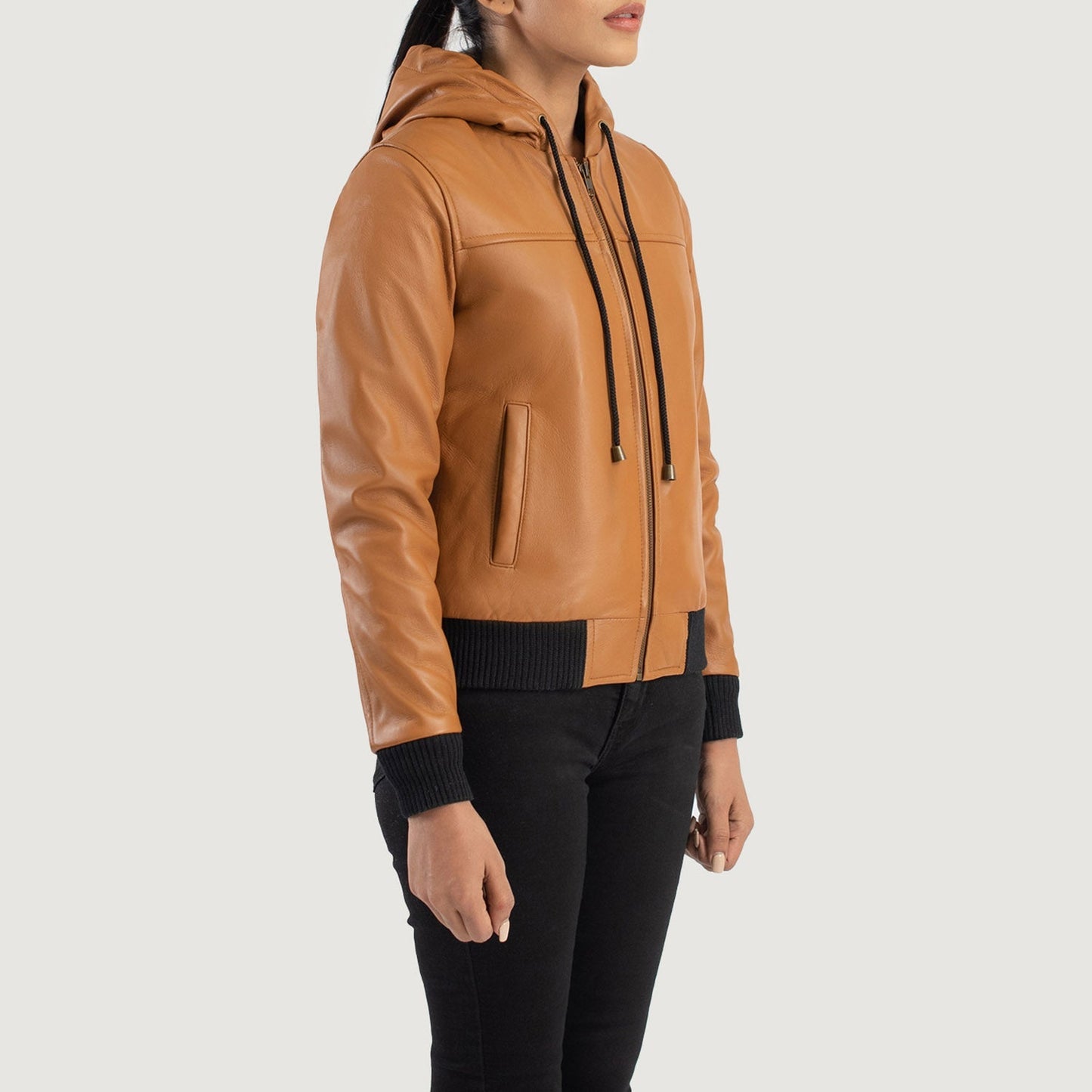 Back view of the Rebella Brown hooded leather bomber jacket from Layzal Jackets.