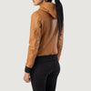  Detail of soft interior fleece lining inside the brown leather bomber.