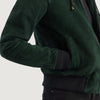 7. Detail of the comfortable rib knit cuffs on the sleeves of the suede jacket.