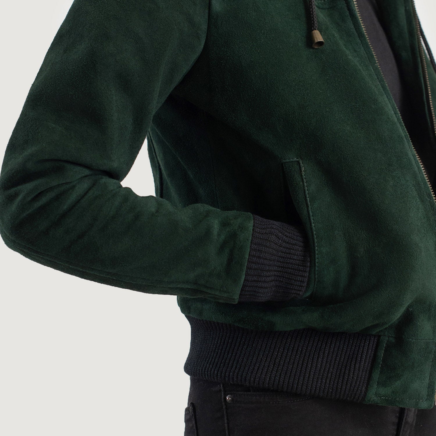 7. Detail of the comfortable rib knit cuffs on the sleeves of the suede jacket.