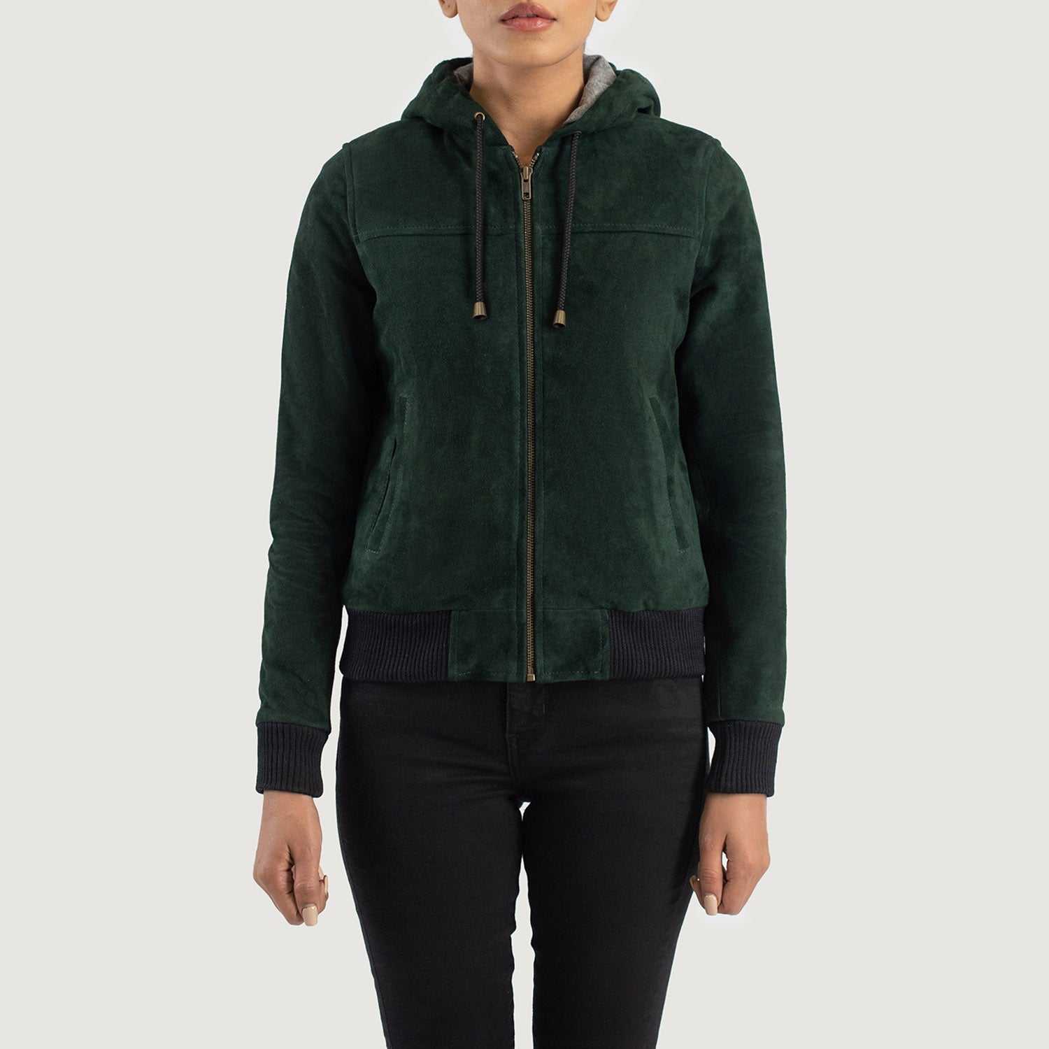 5. Detail of soft interior fleece lining inside the green suede bomber.