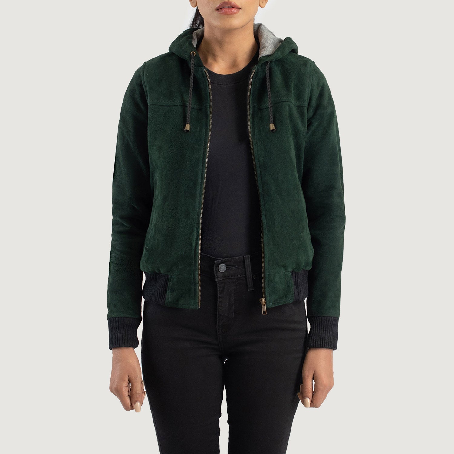 Front view of the Rebella Green hooded suede bomber jacket by Layzal Jackets.