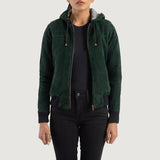 Front view of the Rebella Green hooded suede bomber jacket by Layzal Jackets.