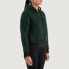 Back view of the Rebella Green hooded suede bomber jacket from Layzal Jackets.
