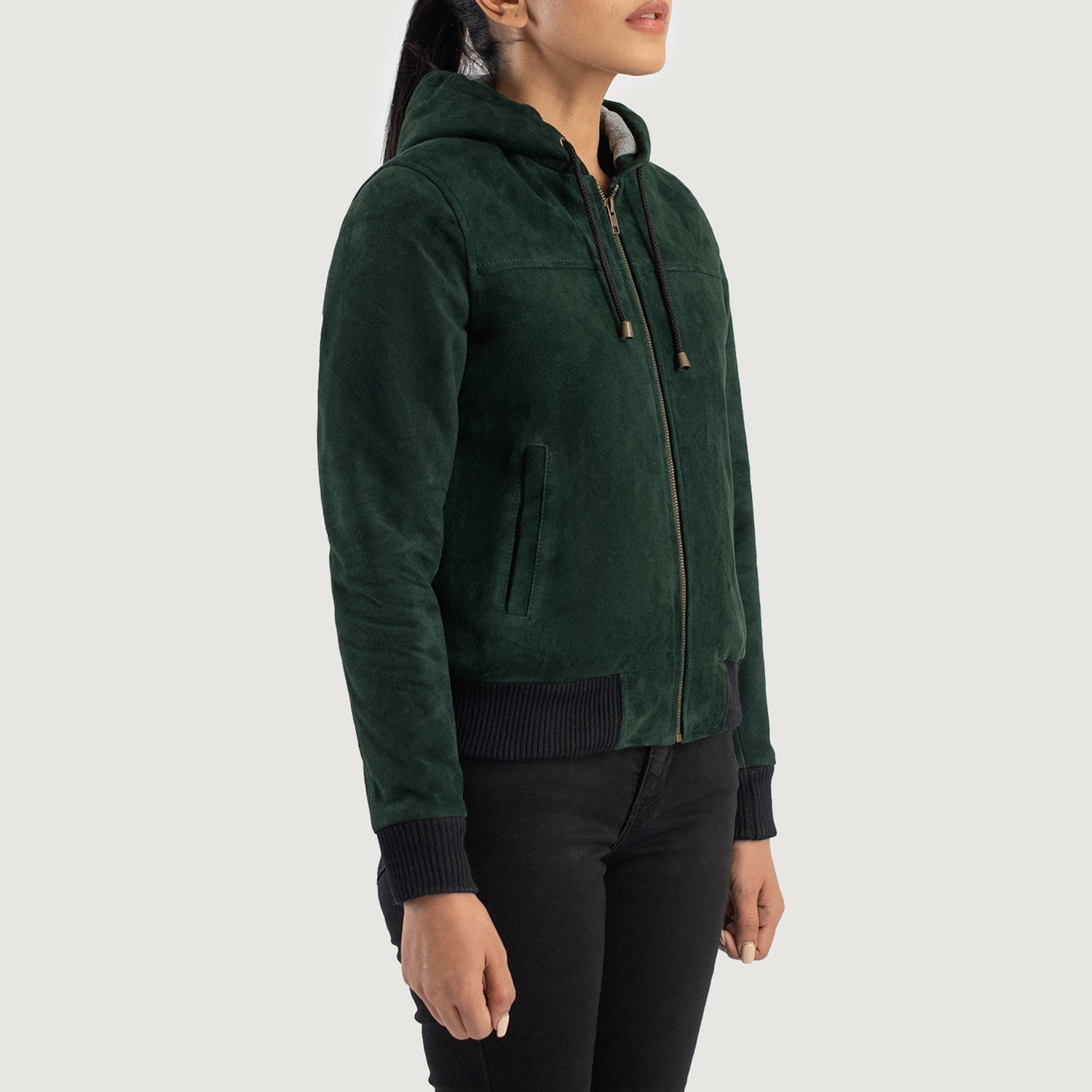 Back view of the Rebella Green hooded suede bomber jacket from Layzal Jackets.