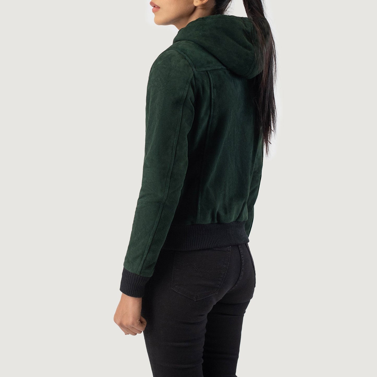 6. Close up of the sturdy front zipper closure and hardware on the bomber jacket.