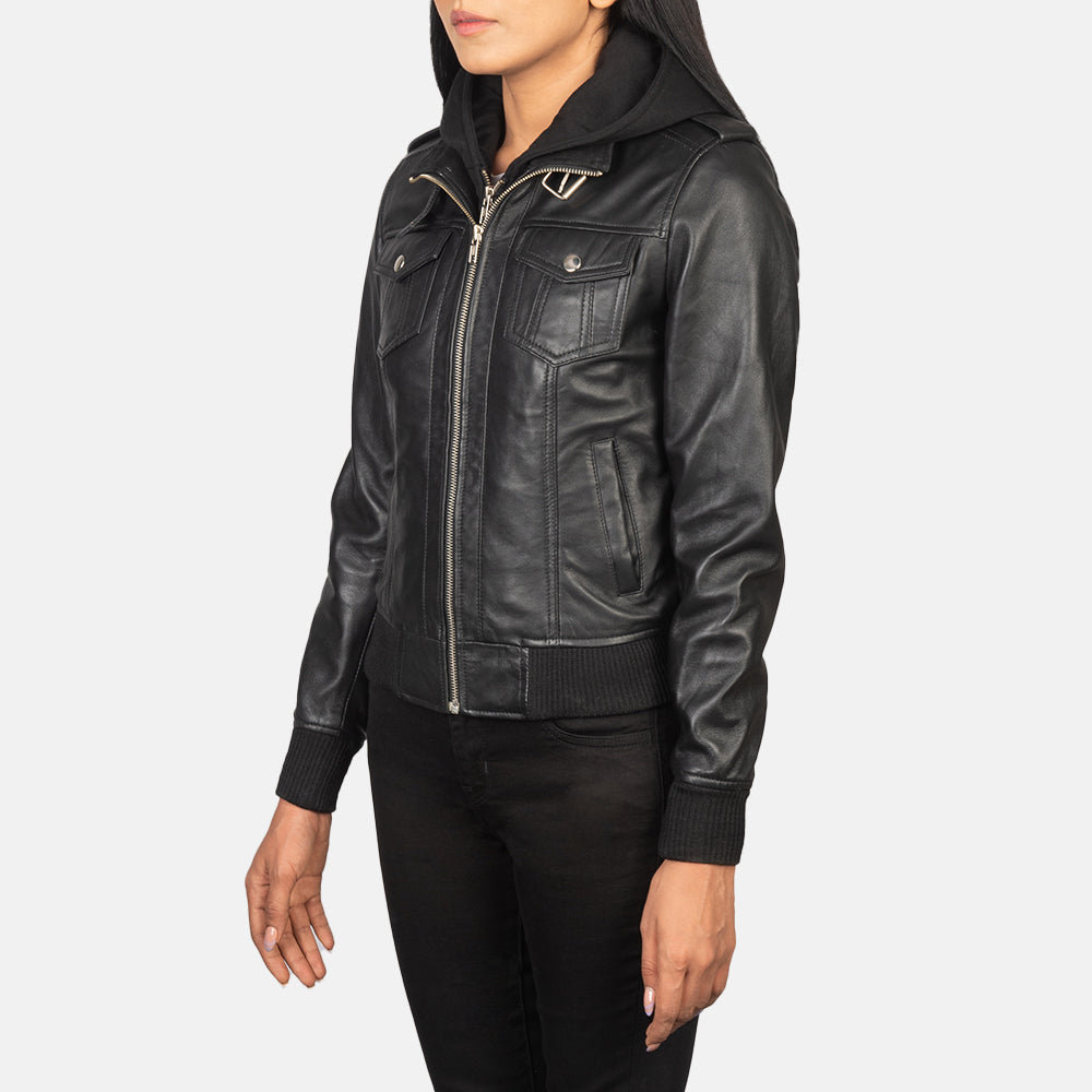 Full back view of the black leather bomber jacket showcasing the clean tailoring, semi aniline finish, and neat hemline.