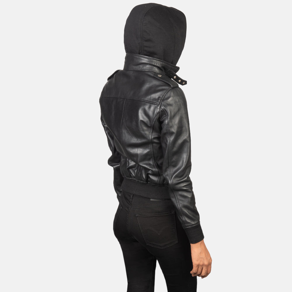 Detailed view of the high neck collar featuring its adjustable leather belt closure and heavy duty front zipper hardware.
