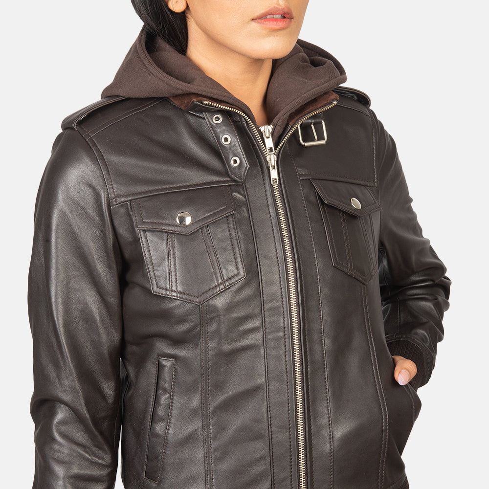 Detail of the removable fabric hood on the brown leather bomber jacket.