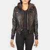 Front view of the Roslyn Brown hooded leather bomber jacket by Layzal Jackets.