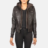 Front view of the Roslyn Brown hooded leather bomber jacket by Layzal Jackets.