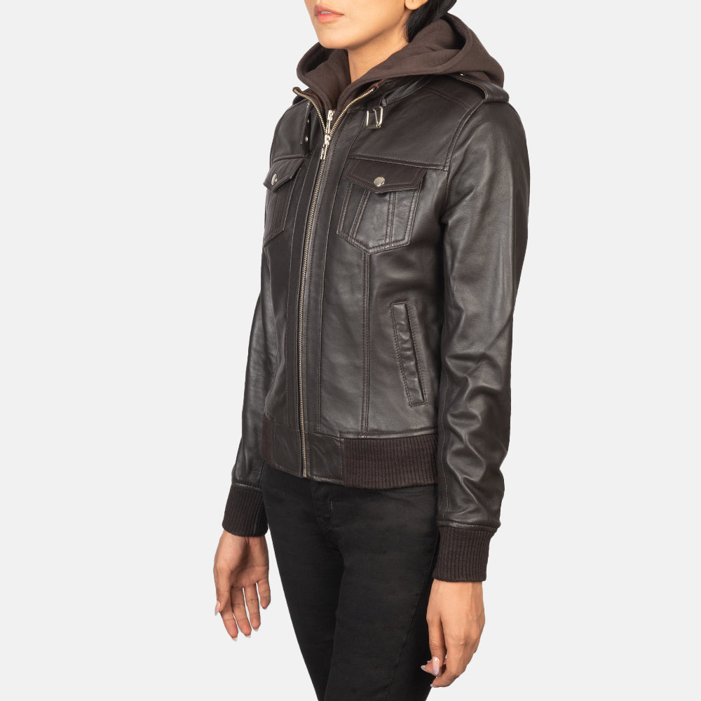 Back view of the Roslyn Brown hooded leather bomber jacket from Layzal Jackets.